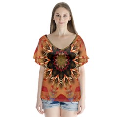 Abstract-kaleidoscope-design V-neck Flutter Sleeve Top by Bedest