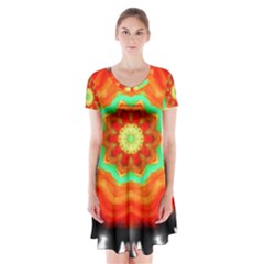 Abstract-kaleidoscope-colored Short Sleeve V-neck Flare Dress by Bedest