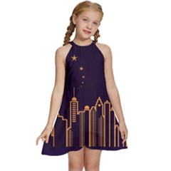 Skyscraper Town Urban Towers Kids  Halter Collar Waist Tie Chiffon Dress by pakminggu