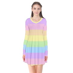Cute Pastel Rainbow Striped Pattern Long Sleeve V-neck Flare Dress by pakminggu
