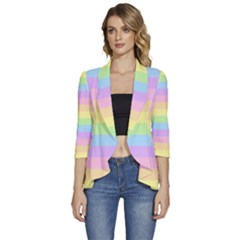 Cute Pastel Rainbow Striped Pattern Women s 3/4 Sleeve Ruffle Edge Open Front Jacket by pakminggu