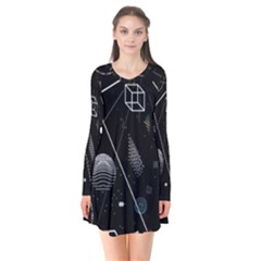 Future Space Aesthetic Math Long Sleeve V-neck Flare Dress