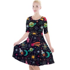 Space Seamless Pattern Quarter Sleeve A-line Dress by pakminggu