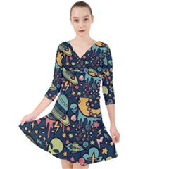 Alien Ocket Space Aesthetic Pattern Quarter Sleeve Front Wrap Dress