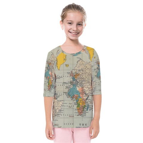 Vintage World Map Kids  Quarter Sleeve Raglan T-shirt by Cowasu