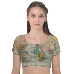 Vintage World Map Velvet Short Sleeve Crop Top 