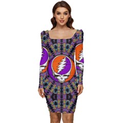 Gratefuldead Grateful Dead Pattern Women Long Sleeve Ruched Stretch Jersey Dress by Cowasu