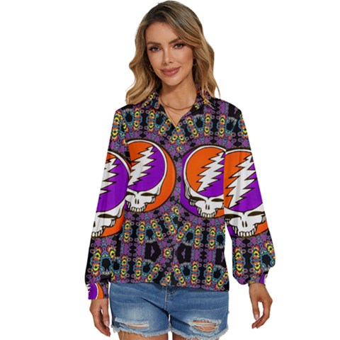 Gratefuldead Grateful Dead Pattern Women s Long Sleeve Button Up Shirt by Cowasu