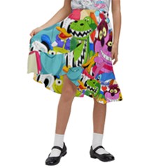 Illustration Cartoon Character Animal Cute Kids  Ruffle Flared Wrap Midi Skirt by Cowasu