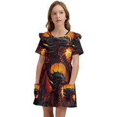 Dragon Fire Fantasy Art Kids  Frilly Sleeves Pocket Dress