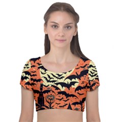 Bat Pattern Velvet Short Sleeve Crop Top 