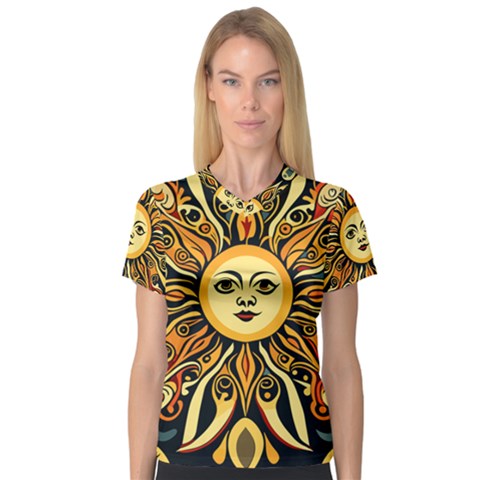 Boho Sun V-neck Sport Mesh T-shirt by Valentinaart