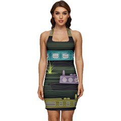 Narrow-boats-scene-pattern Sleeveless Wide Square Neckline Ruched Bodycon Dress