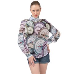 Compass-direction-north-south-east High Neck Long Sleeve Chiffon Top