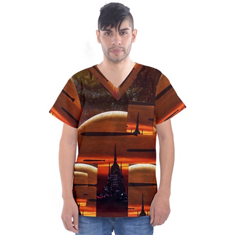 Science-fiction-digital-illustration Men s V-neck Scrub Top by Cowasu