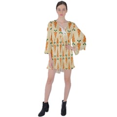 Patter-carrot-pattern-carrot-print V-Neck Flare Sleeve Mini Dress