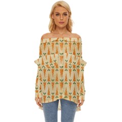 Patter-carrot-pattern-carrot-print Off Shoulder Chiffon Pocket Shirt