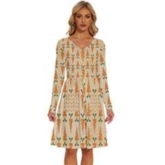 Patter-carrot-pattern-carrot-print Long Sleeve Dress With Pocket