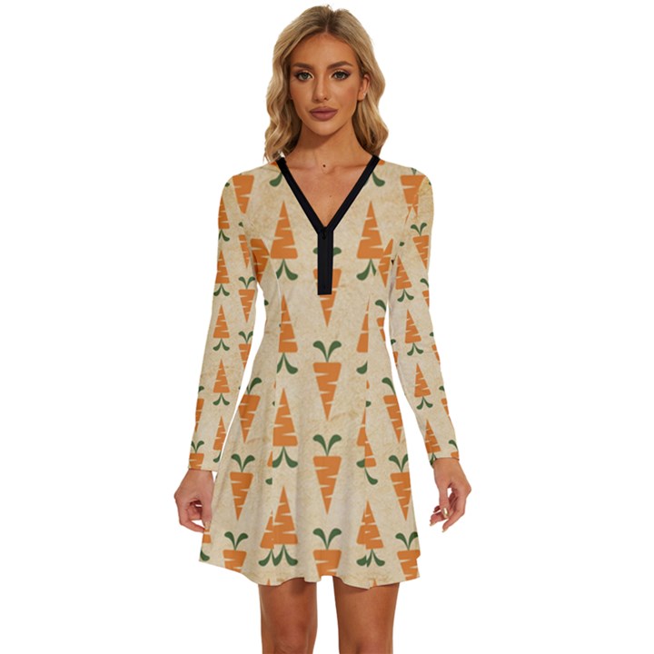 Patter-carrot-pattern-carrot-print Long Sleeve Deep V Mini Dress 