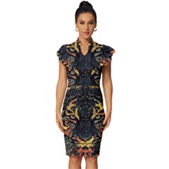 Tiger-predator-abstract-feline Vintage Frill Sleeve V-neck Bodycon Dress