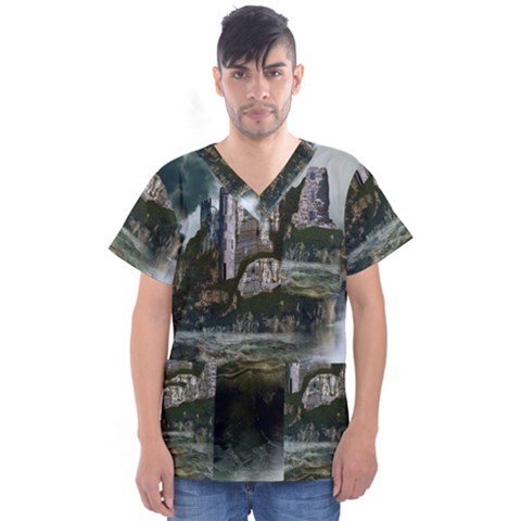 Sea-island-castle-landscape Men s V-neck Scrub Top by Cowasu