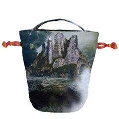 Sea-island-castle-landscape Drawstring Bucket Bag by Cowasu