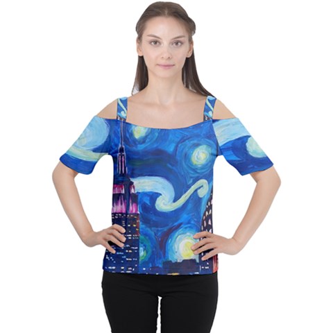 Starry Night In New York Van Gogh Manhattan Chrysler Building And Empire State Building Cutout Shoulder T-shirt by Sarkoni