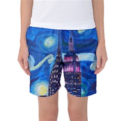 Starry Night In New York Van Gogh Manhattan Chrysler Building And Empire State Building Women s Basketball Shorts by Sarkoni