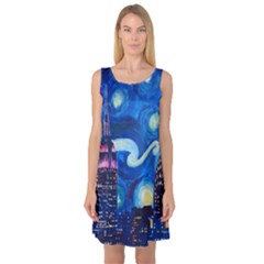 Starry Night In New York Van Gogh Manhattan Chrysler Building And Empire State Building Sleeveless Satin Nightdress