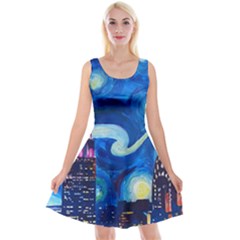 Starry Night In New York Van Gogh Manhattan Chrysler Building And Empire State Building Reversible Velvet Sleeveless Dress by Sarkoni