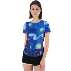 Starry Night In New York Van Gogh Manhattan Chrysler Building And Empire State Building Back Cut Out Sport T-shirt by Sarkoni