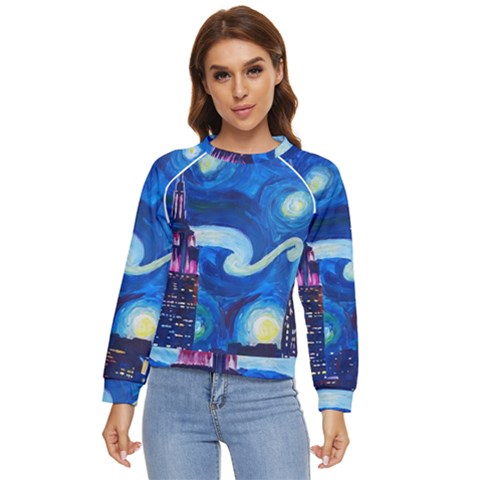 Starry Night In New York Van Gogh Manhattan Chrysler Building And Empire State Building Women s Long Sleeve Raglan T-shirt by Sarkoni