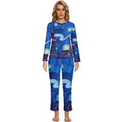 Starry Night In New York Van Gogh Manhattan Chrysler Building And Empire State Building Womens  Long Sleeve Lightweight Pajamas Set by Sarkoni