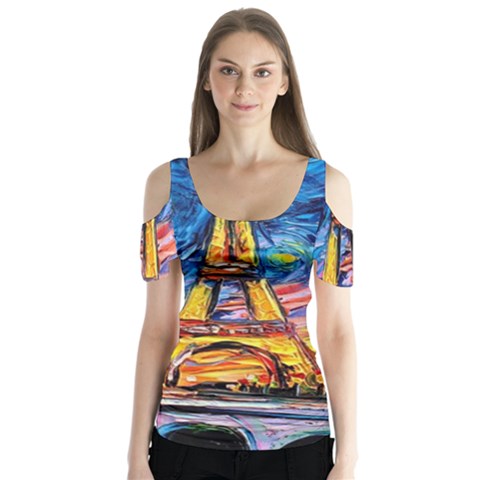 Eiffel Tower Starry Night Print Van Gogh Butterfly Sleeve Cutout T-shirt  by Sarkoni