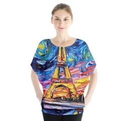 Eiffel Tower Starry Night Print Van Gogh Batwing Chiffon Blouse