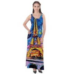 Eiffel Tower Starry Night Print Van Gogh Sleeveless Velour Maxi Dress by Sarkoni