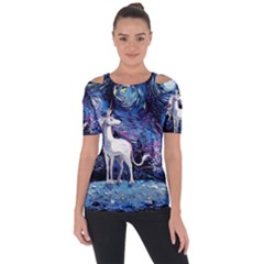 Unicorn Starry Night Print Van Gogh Shoulder Cut Out Short Sleeve Top