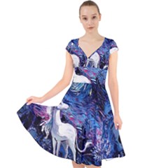 Unicorn Starry Night Print Van Gogh Cap Sleeve Front Wrap Midi Dress