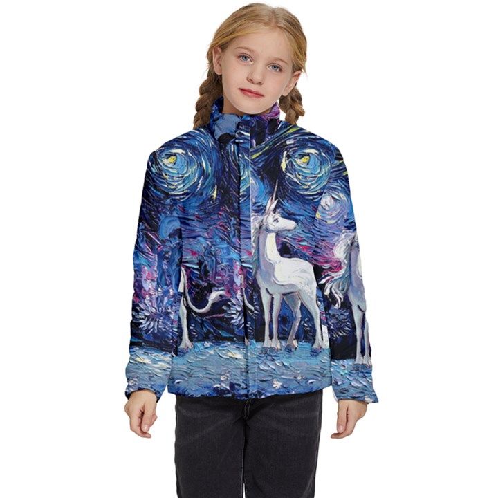 Unicorn Starry Night Print Van Gogh Kids  Puffer Bubble Jacket Coat