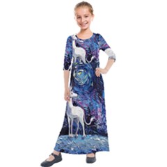 Unicorn Starry Night Print Van Gogh Kids  Quarter Sleeve Maxi Dress