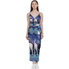 Unicorn Starry Night Print Van Gogh V-neck Camisole Jumpsuit by Sarkoni