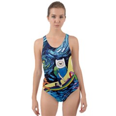 Cartoon Parody  Art Starry Night Van Gogh Cut-out Back One Piece Swimsuit