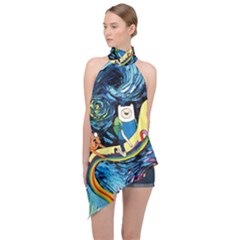 Cartoon Parody  Art Starry Night Van Gogh Halter Asymmetric Satin Top by Sarkoni