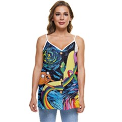 Cartoon Parody  Art Starry Night Van Gogh Casual Spaghetti Strap Chiffon Top