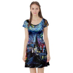 Castle Starry Night Print Van Gogh Parody Short Sleeve Skater Dress