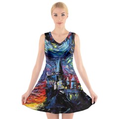 Castle Starry Night Print Van Gogh Parody V-neck Sleeveless Dress