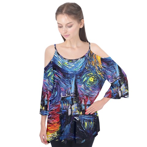 Castle Starry Night Print Van Gogh Parody Flutter Sleeve T-shirt  by Sarkoni