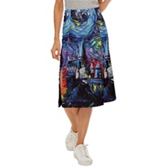 Castle Starry Night Print Van Gogh Parody Midi Panel Skirt by Sarkoni