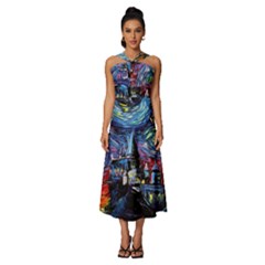 Castle Starry Night Print Van Gogh Parody Sleeveless Cross Front Cocktail Midi Chiffon Dress