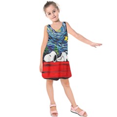 Dog Cartoon Vincent Van Gogh s Starry Night Parody Kids  Sleeveless Dress by Sarkoni